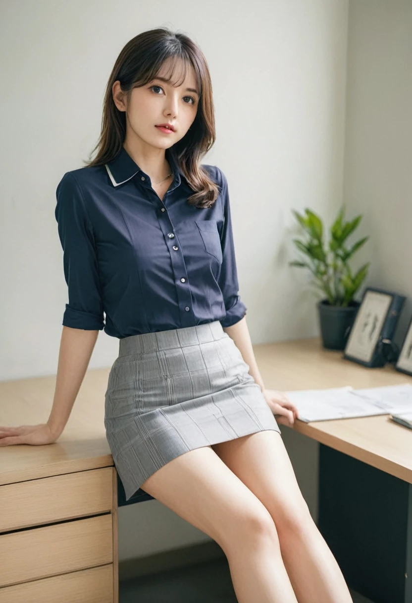 In a mini skirt、Spread your legs、Woman sitting on desk、Looking up