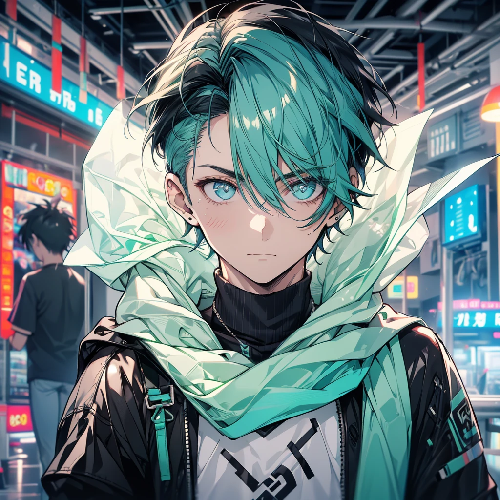 ((face focus)), ((Just one person)). A young adult man with fair skin, fit well-toned body. He has big mint eyes. His hair is navy blue, short and wavy, in a messy undercut hairstyle. His hair has curtain bangs and is very voluminous. He wears a mint bandana on his forehead, has a very colorful and lively outfit. He wears a mint green synthetic leather jacket, a black shirt underneath, black jogger pants and mint-colored high-top sneakers. He has a determined look on his face and is standing in the middle of an arcade with several vibrant colors.