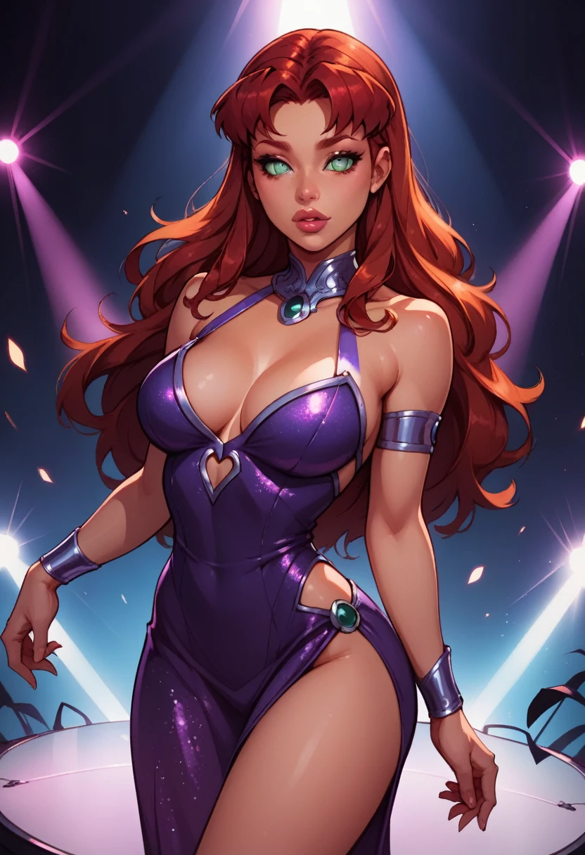 Starfire style 1girl, fire red hair, long hair, grey eyes, thick lips, purple dress, long eyelashes,  expression, standing in a dark , blunt bangs, adult, harsh lighting,  solo, large breasts, adult, skinny, arched back, thigh gap, rave outfit,  innocent, lovely, adorable, dynamic pose
