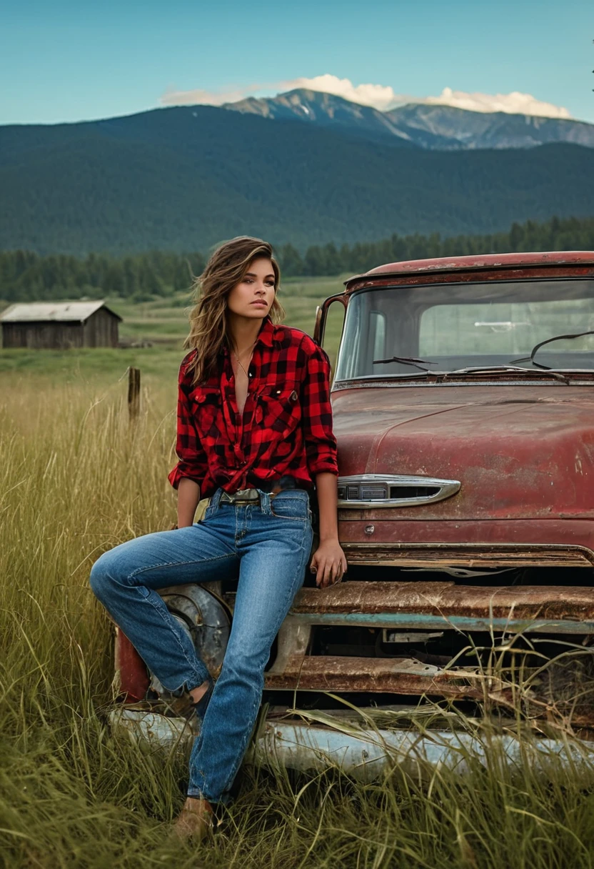 1grl, solo, Cinematic, realistic, UHD, A stunning close up photo of a young supermodel in red flannel shirt and denim pants perched elegantly atop an old, weathered blue matte pickup truck. She exudes confidence and grace as she poses barefoot amidst tall wild grass. The rustic wooden fence and a quaint farmhouse in the background hint at a serene countryside setting. A majestic mountain row looms in the distance, adding depth and scale to the scene. The overall atmosphere of the photo is natural and serene, capturing the essence of a perfect summer day. Photo taken by Steven Klein.
