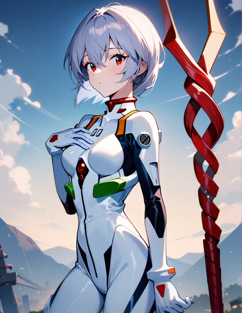 1girl, Rei Ayanami, Neon Genesis Evangelion, Rebuild of Evangelion, Lance of Longinus, Full moon, Plug suit, Pilot suit, White bodysuit, Standing, 00 on chest, Looking backwards, Face turned to gaze, , looking at viewer, outdoors, masterpiece, top quality, very beautiful, absurd