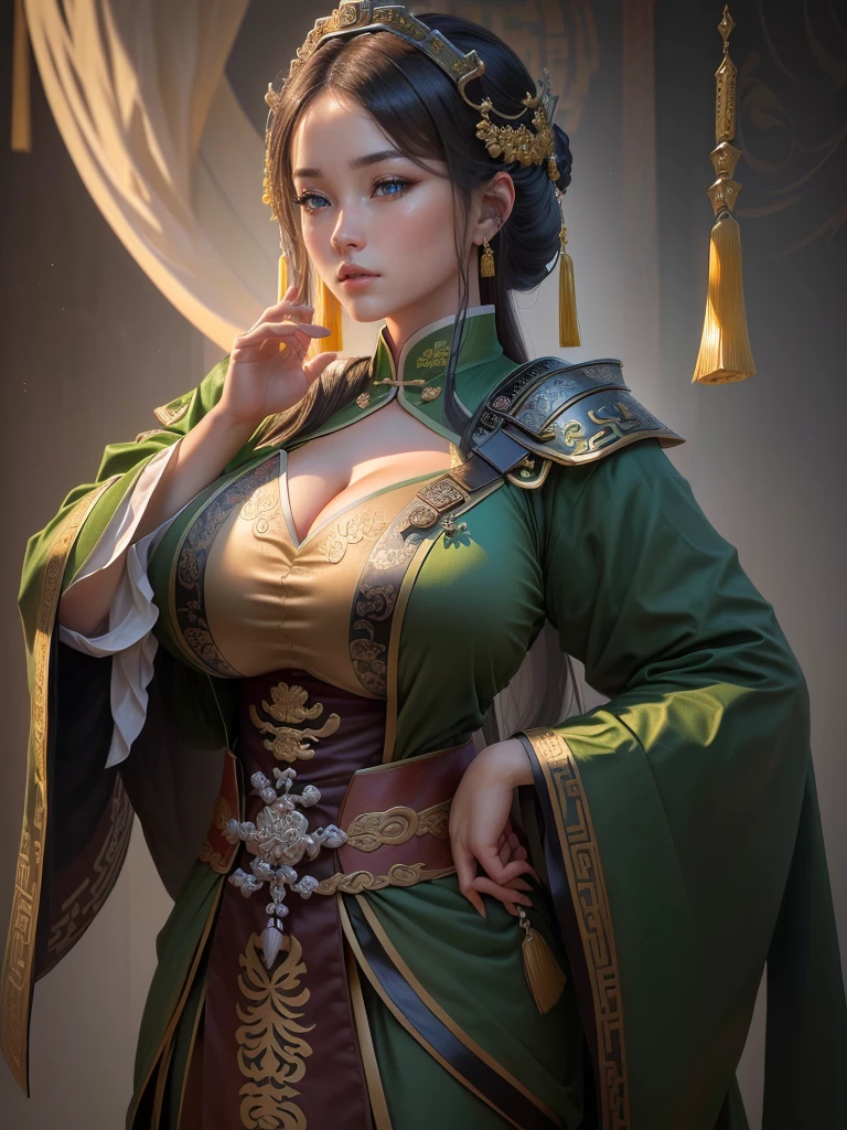 a close up of a woman in a green robe, inspired by Dong Yuan, zhao yun, inspired by Cao Zhibai, inspired by Guan Daosheng, inspired by Hu Zaobin, inspired by Huang Shen, inspired by Zhang Sengyao, inspired by Huang Ding, inspired by Wu Bin, inspired by Li Kan, guan yu, Highly detailed CG unit 8k wallpaper, masterpiece, High resolution, highest quality, highest quality real texture skin, Super Real, Digital Painting, Best image quality, 最High resolution, 8k, ((Highly detailed eyes and face, Beautiful eyes every detail)), profile, disproportionate breasts, huge breasts, sagging breasts, gigantic breasts, erect nipple, underboobs,