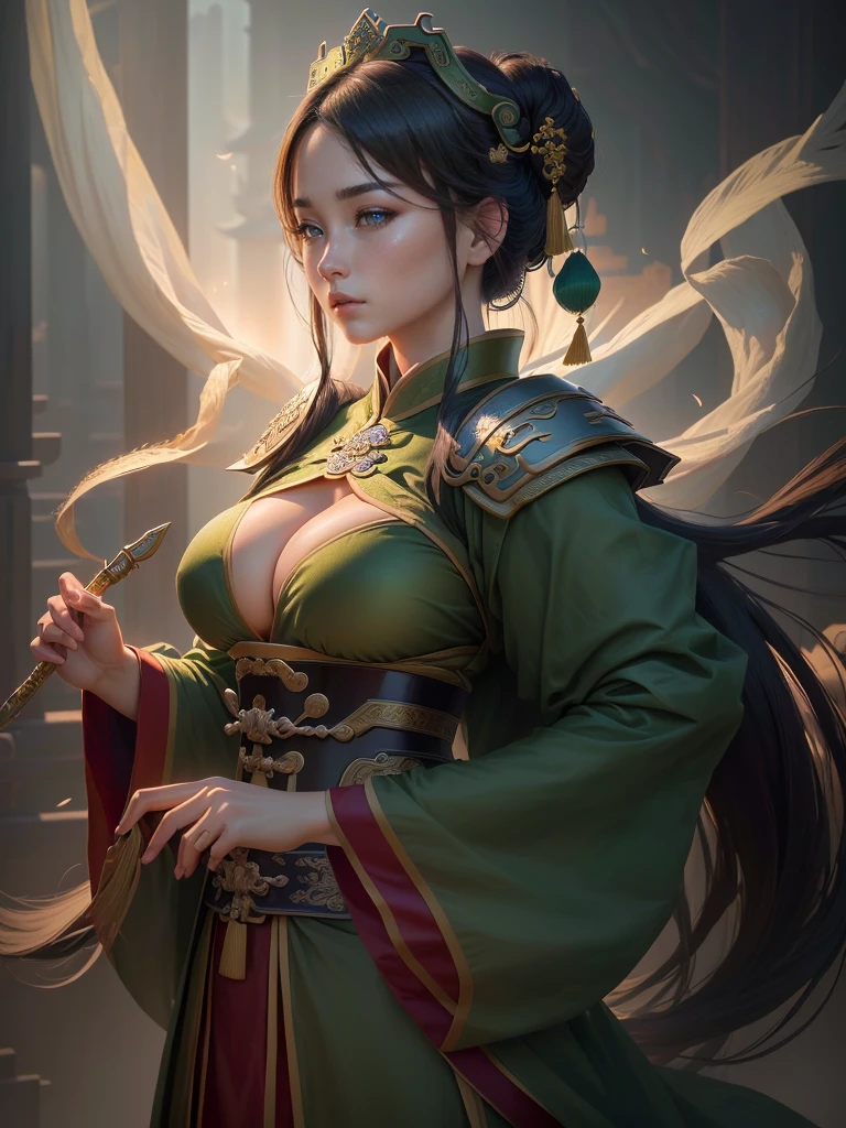 a close up of a woman in a green robe, inspired by Dong Yuan, zhao yun, inspired by Cao Zhibai, inspired by Guan Daosheng, inspired by Hu Zaobin, inspired by Huang Shen, inspired by Zhang Sengyao, inspired by Huang Ding, inspired by Wu Bin, inspired by Li Kan, guan yu, Highly detailed CG unit 8k wallpaper, masterpiece, High resolution, highest quality, highest quality real texture skin, Super Real, Digital Painting, Best image quality, 最High resolution, 8k, ((Highly detailed eyes and face, Beautiful eyes every detail)), profile, disproportionate breasts, huge breasts, sagging breasts, gigantic breasts, erect nipple, underboobs,