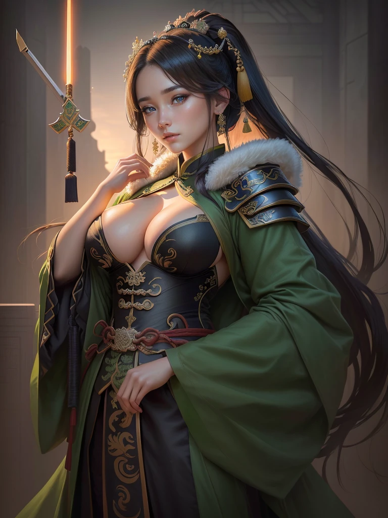 a close up of a woman in a green robe, inspired by Dong Yuan, zhao yun, inspired by Cao Zhibai, inspired by Guan Daosheng, inspired by Hu Zaobin, inspired by Huang Shen, inspired by Zhang Sengyao, inspired by Huang Ding, inspired by Wu Bin, inspired by Li Kan, guan yu, Highly detailed CG unit 8k wallpaper, masterpiece, High resolution, highest quality, highest quality real texture skin, Super Real, Digital Painting, Best image quality, 最High resolution, 8k, ((Highly detailed eyes and face, Beautiful eyes every detail)), profile, disproportionate breasts, huge breasts, sagging breasts, gigantic breasts, erect nipple, underboobs, 