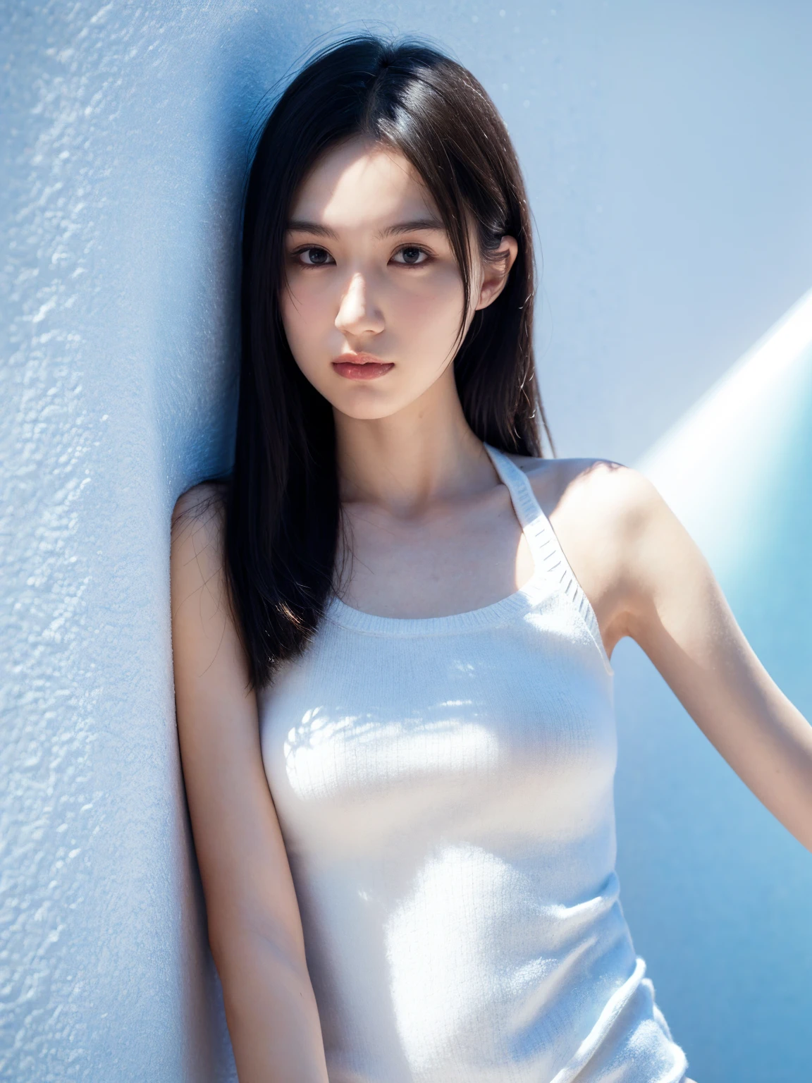 1girl, woman, masterpiece, best quality, highest quality, (volumetric lighting), extremely detailed CG unity 8k wallpaper, focused, 8k wallpaper, extremely detailed, ultra realistic, photorealistic, sharp focus, absurdres, (HDR:1.2), (high contrast), photograph, detailed and intricate, instagram, portrait, highly detailed, digital painting, artstation, concept art, smooth, sharp focus, illustration, medium shoulder, ((looking at the viewer)), wearing knit strap tanktop, ((skinny)), slim body, leaning on a wall.