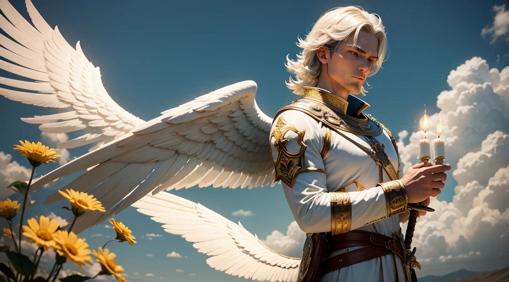 Closeup of an image a man angel with a large and long sword with attack position in right hand, in the other left hand holding a scale, Angel dressed as a Roman soldier looking at the ground, arcanjo homem com asas grandes, o anjo da fortuna, perfeito, Realistic, Biblical setting, Biblical Paradise Setting, sol e nuvens ultras realistas, flores e velas, illuminated archangel of heaven, flores coloridas, velas acesas, roupas brancas e vermelhas