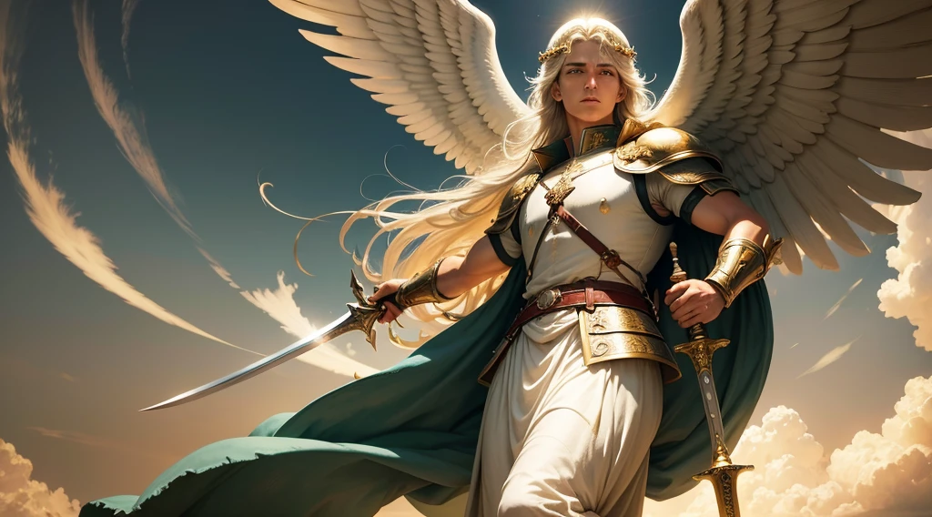 Closeup of an image a man angel with a large and long sword with attack position in right hand, in the other left hand holding a scale, Angel dressed as a Roman soldier looking at the ground, arcanjo homem com asas grandes, o anjo da fortuna, perfeito, Realistic, Biblical setting, Biblical Paradise Setting, sol e nuvens ultras realistas, flores e velas, illuminated archangel of heaven, flores coloridas, velas acesas, roupas brancas e vermelhas