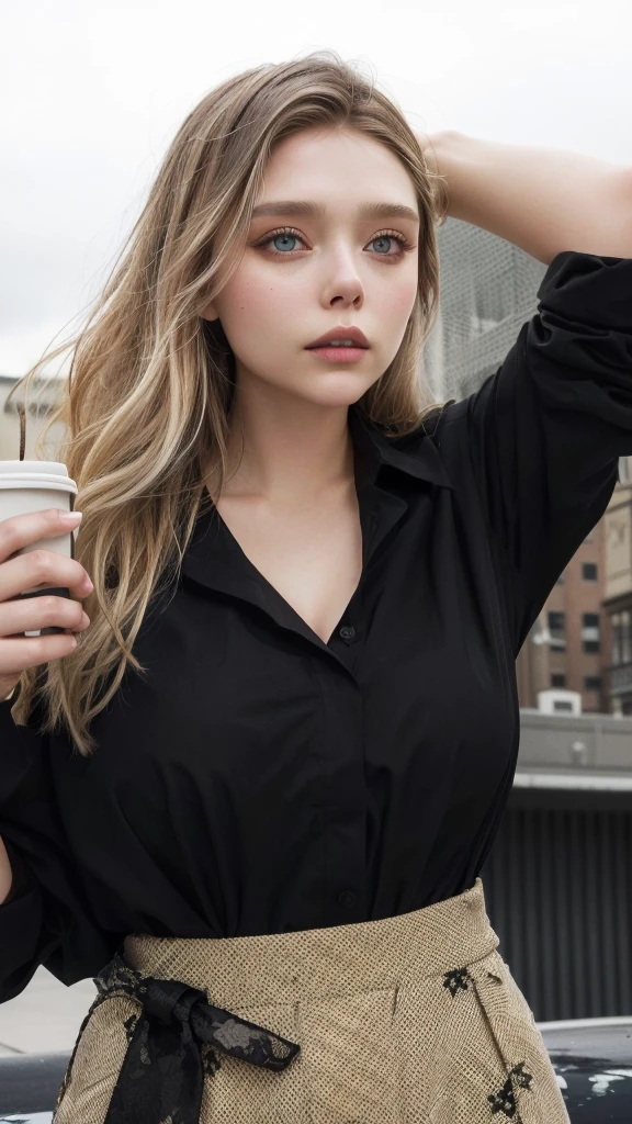 araffe woman in black shirt and skirt holding a coffee cup, elizabeth olsen, sydney sweeney, wearing a black shirt, britt marling style 3 / 4, britt marling style 3/4, alana fletcher, black shirt, subtle details, chloë grace moretz, woman drinking coffee, crisp details, julia sarda, alexa grace, on a dark background Elizabet Olsen 