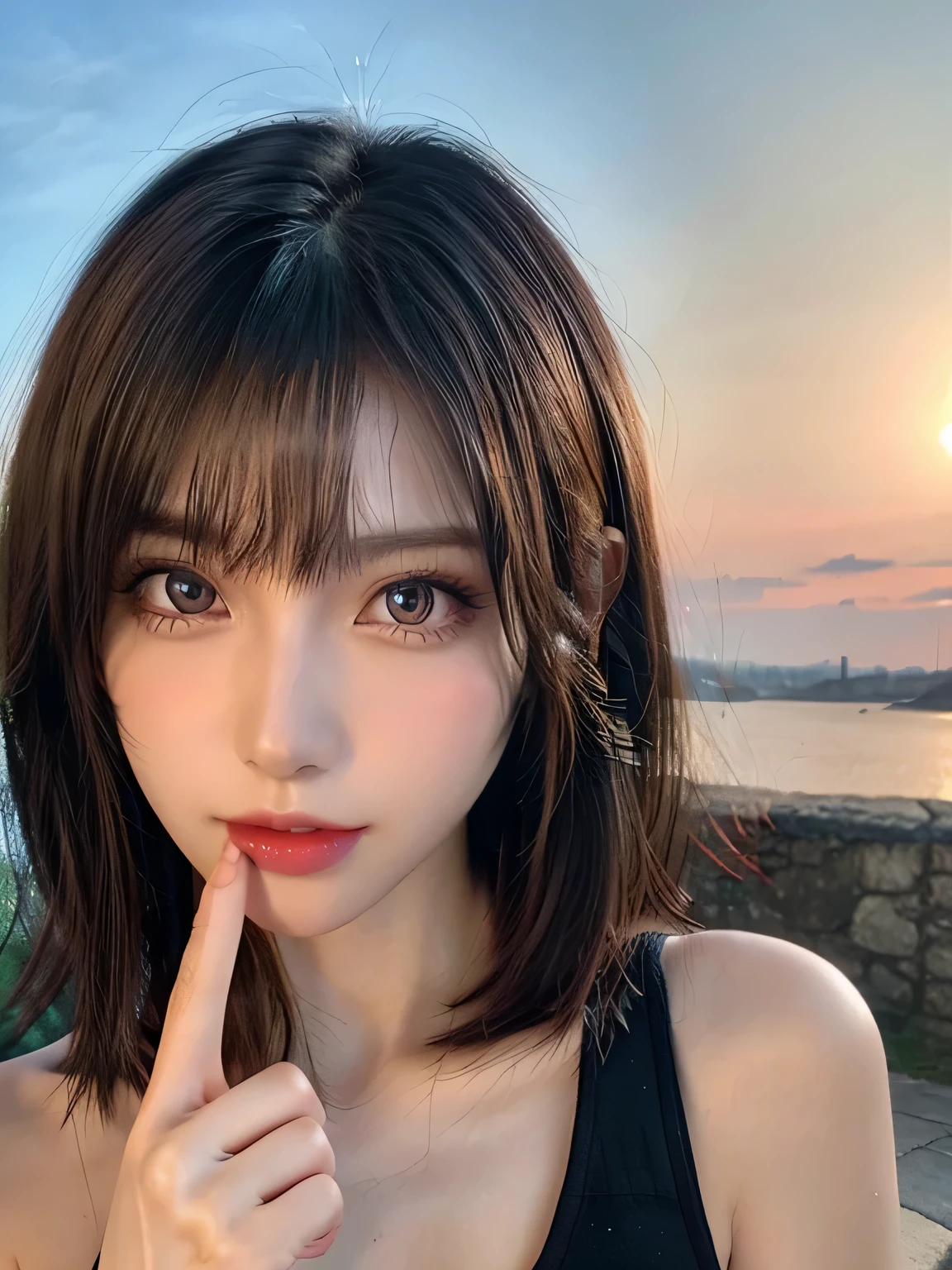 ((anatomically correct, Raise index finger, Gesture of kissing own index finger:1.2, Kissing gesture)), (Beautiful, detailed eyes:1.2, Beautiful skin, Beautiful hair, Beautiful eyes, seductive eyes), ((Woman)), (Detailed eyes and face:1.3), ((Asymmetrical short hair)), (Highly detailed CG, Super detailed, Best Shadow:1.1), ((Depth of written boundary)), ((watercolor)), beautiful concept figure, (figure:1.1), (Perfect detail:1.1), looking at viewer, Good posture and dignity, From the neck up, natural soft lighting, evening sunset, Highlights in the eyes, Very perfect and beautiful face, close up shot, glossy lips, Bare shoulders, (vibrant colors, vivid colors background:1.2), (masterpiece:1.2, Highest quality),