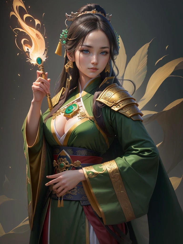 a close up of a woman in a green robe, inspired by Dong Yuan, zhao yun, inspired by Cao Zhibai, inspired by Guan Daosheng, inspired by Hu Zaobin, inspired by Huang Shen, inspired by Zhang Sengyao, inspired by Huang Ding, inspired by Wu Bin, inspired by Li Kan, guan yu, Highly detailed CG unit 8k wallpaper, masterpiece, High resolution, highest quality, highest quality real texture skin, Super Real, Digital Painting, Best image quality, 最High resolution, 8k, (((Highly detailed eyes and face, Beautiful eyes every detail))), profile, gold chest plate, 