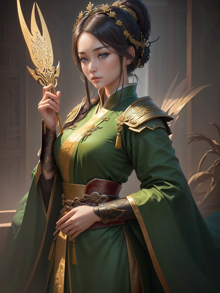 a close up of a woman in a green robe, inspired by Dong Yuan, zhao yun, inspired by Cao Zhibai, inspired by Guan Daosheng, inspired by Hu Zaobin, inspired by Huang Shen, inspired by Zhang Sengyao, inspired by Huang Ding, inspired by Wu Bin, inspired by Li Kan, guan yu, Highly detailed CG unit 8k wallpaper, masterpiece, High resolution, highest quality, highest quality real texture skin, Super Real, Digital Painting, Best image quality, 最High resolution, 8k, (((Highly detailed eyes and face, Beautiful eyes every detail))), profile, gold chest plate,