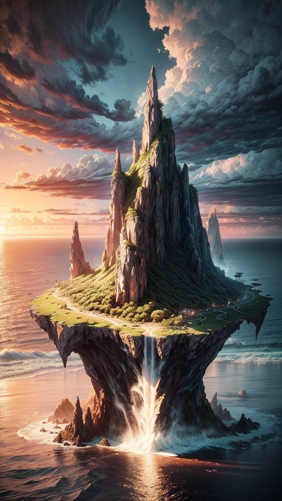 a panoramic view of a lonely island in the ocean, a mysterious island, beautiful detailed island, beautiful detailed sky, beautiful detailed ocean, beautiful detailed clouds, dramatic lighting, cinematic, epic, breathtaking, mist, atmospheric, moody, golden hour, dramatic shadows, vivid colors, highly detailed, photorealistic, 8k, hdr