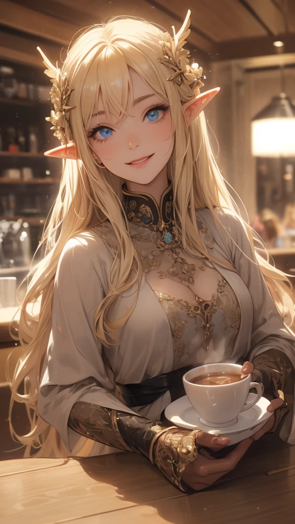 work of art, epic details, ultra detaild, best resolution, Woman, blonde, (BEAUTIFUL ELF), skin on head ((rosto angelical)), sculptural body, wearing a brown fur coat, ((perfect hands))), ((expression of happiness)), (Grinning), great smile, Simple smile, Scenario: in a coffee shop, supper:drinking a coffee, no mistakes, (((epic details na face))), (((ultra perfect eyes)))