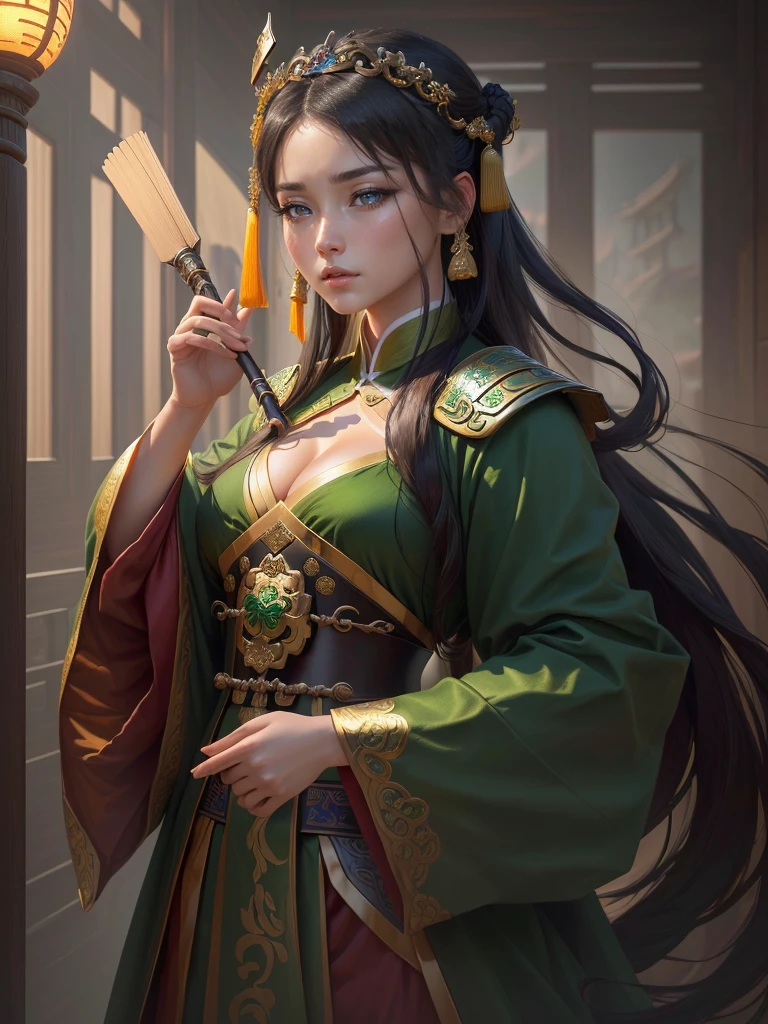 a close up of a woman in a green robe, inspired by Dong Yuan, zhao yun, inspired by Cao Zhibai, inspired by Guan Daosheng, inspired by Hu Zaobin, inspired by Huang Shen, inspired by Zhang Sengyao, inspired by Huang Ding, inspired by Wu Bin, inspired by Li Kan, guan yu, Highly detailed CG unit 8k wallpaper, masterpiece, High resolution, highest quality, highest quality real texture skin, Super Real, Digital Painting, Best image quality, 最High resolution, 8k, (((Highly detailed eyes and face, Beautiful eyes every detail))), profile, gold chest plate,