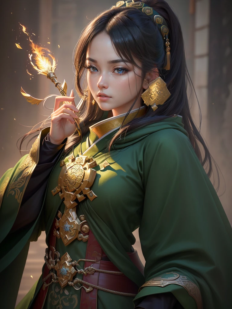 a close up of a woman in a green robe, inspired by Dong Yuan, zhao yun, inspired by Cao Zhibai, inspired by Guan Daosheng, inspired by Hu Zaobin, inspired by Huang Shen, inspired by Zhang Sengyao, inspired by Huang Ding, inspired by Wu Bin, inspired by Li Kan, guan yu, Highly detailed CG unit 8k wallpaper, masterpiece, High resolution, highest quality, highest quality real texture skin, Super Real, Digital Painting, Best image quality, 最High resolution, 8k, (((Highly detailed eyes and face, Beautiful eyes every detail))), profile, gold chest plate,