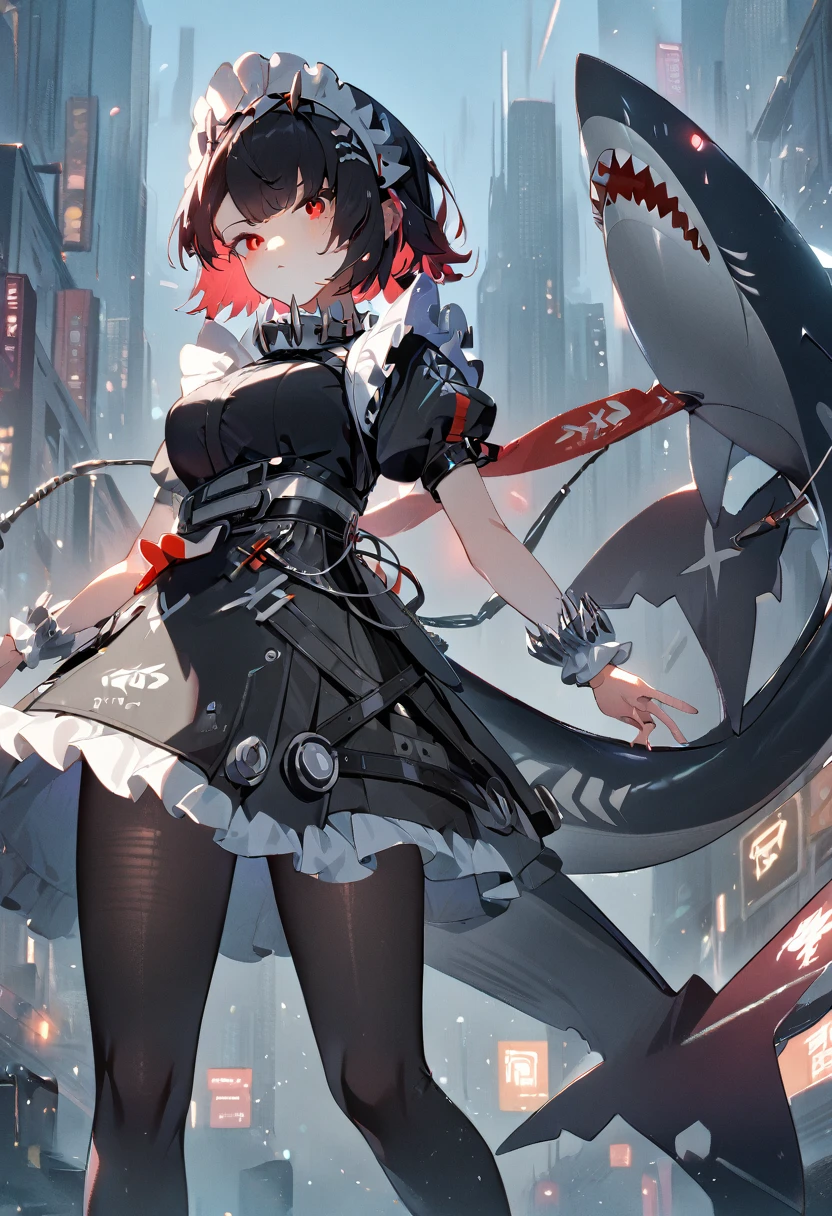 1 girl,Black short hair,Red eyes,Full figure,Black pantyhose,Mechanical maid outfit,Black mechanical shark tail,future technology