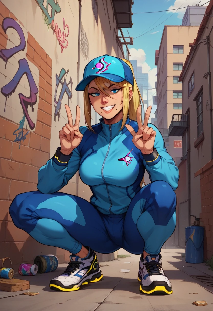 score_9, score_8_up, score_7_up, score_6_up, BREAK alley,slav squatting,track suit,sneaker,baseball cap,smile,v,jewelry,gold necklace,urban style,graffiti,spray paint,samus aran