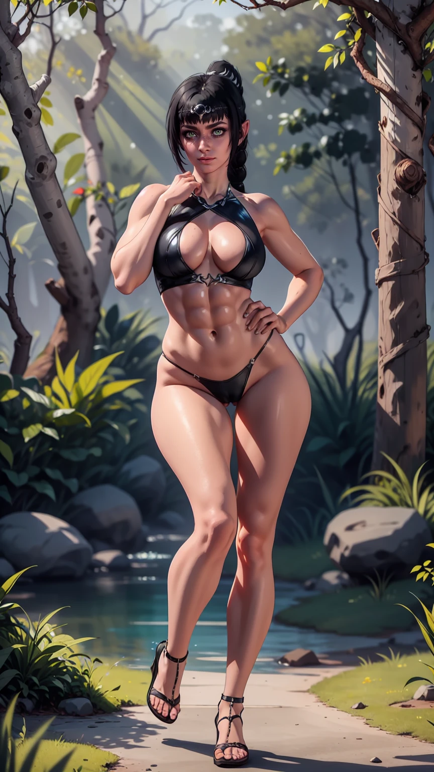 face expression smirk,smirkinggreen eyes shadowheart ,oiled skin,solo, masterpiece, best quality, shadowheart, black hair, braided ponytail, green eyes, , vagina ,t,full body , full shot , unhappy, sketch, looking at viewer, forest background, posing , sexy pose, blung, oily skin, sexy, big tits, s pose,ular,fores glowing eyes , forest background , (sexy posed)