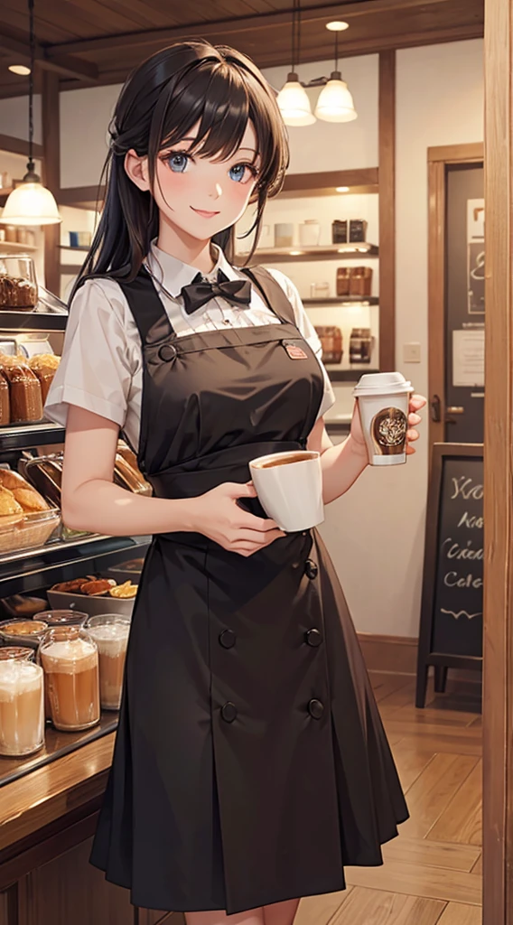 masterpiece,Highest quality,Stylish western style cafe,Female cafe attendant,Cafe clerk uniform,Detailed clothing,Carry your coffee,Laughter,Bright atmosphere in the store