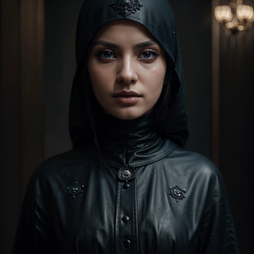 a beautiful muslim woman with very pale skin, wide blue eyes, wearing a dark black hijab and stylish black leather outfit, holding a samurai sword, detailed portrait, (best quality,4k,8k,highres,masterpiece:1.2),ultra-detailed,(realistic,photorealistic,photo-realistic:1.37),extremely detailed eyes and face,longeyelashes,beautiful detailed eyes,beautiful detailed lips,intricate details,dramatic lighting,cinematic,fantasy,dark,moody