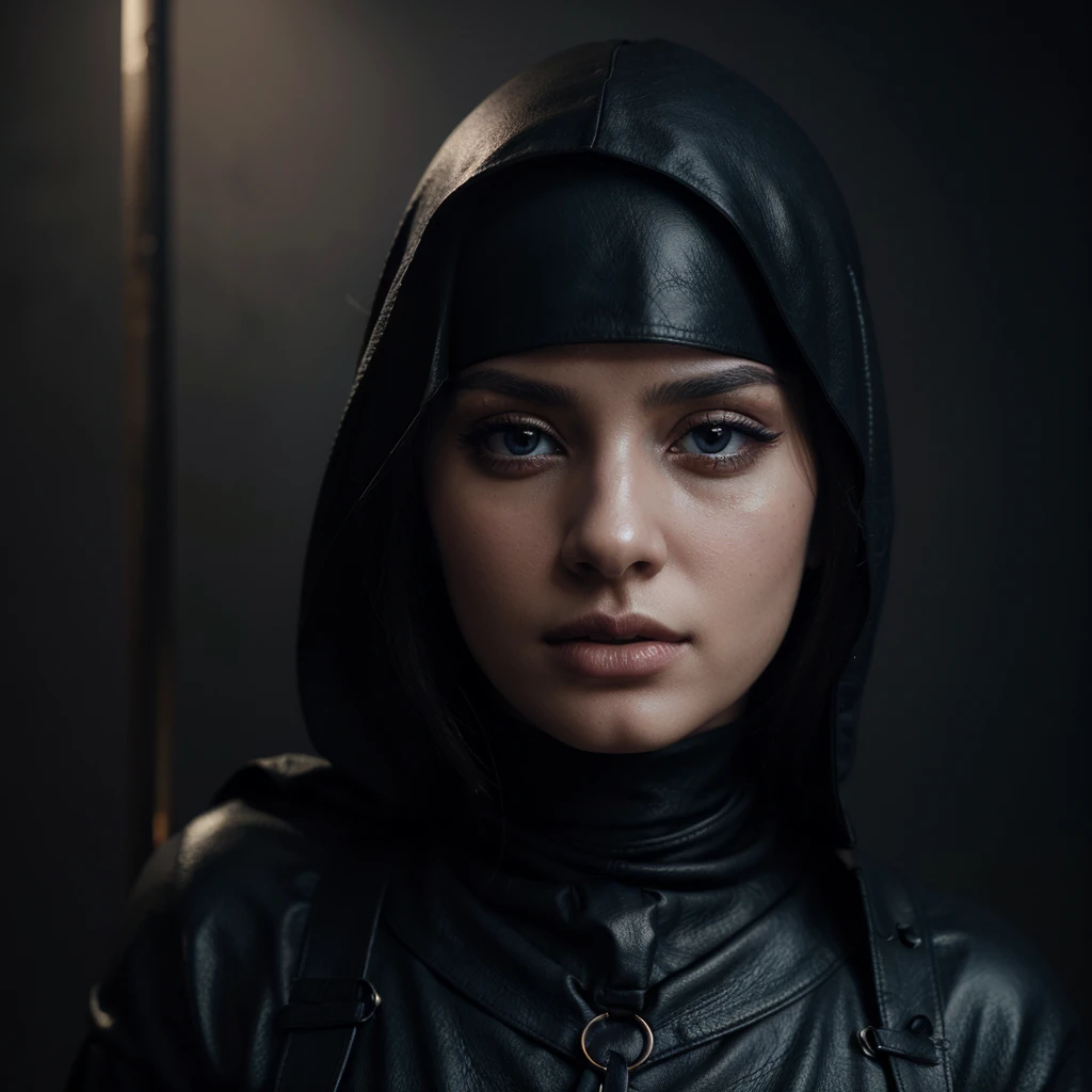 a beautiful muslim woman with very pale skin, wide blue eyes, wearing a dark black hijab and stylish black leather outfit, holding a samurai sword, detailed portrait, (best quality,4k,8k,highres,masterpiece:1.2),ultra-detailed,(realistic,photorealistic,photo-realistic:1.37),extremely detailed eyes and face,longeyelashes,beautiful detailed eyes,beautiful detailed lips,intricate details,dramatic lighting,cinematic,fantasy,dark,moody