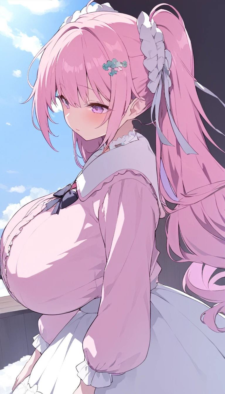 1 22-year-old girl, Pink Hair, Long double ponytail, Pink shirt, Fluffy collar, White fluffy skirt, White ribbon on hair, Lots of hair accessories, ,(Huge breast