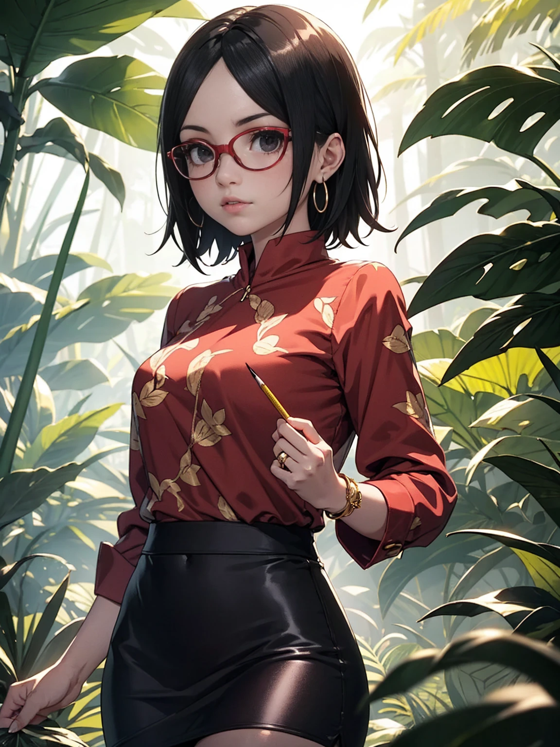 Sarada Uchiha with short hair, black eyes, goth clothes, wearing prescription glasses. She is wearing a black goth pencil skirt, ((Ounce Print Blouse)) and fine gold jewelry, she is paradin over in the Amazon rainforest. Small