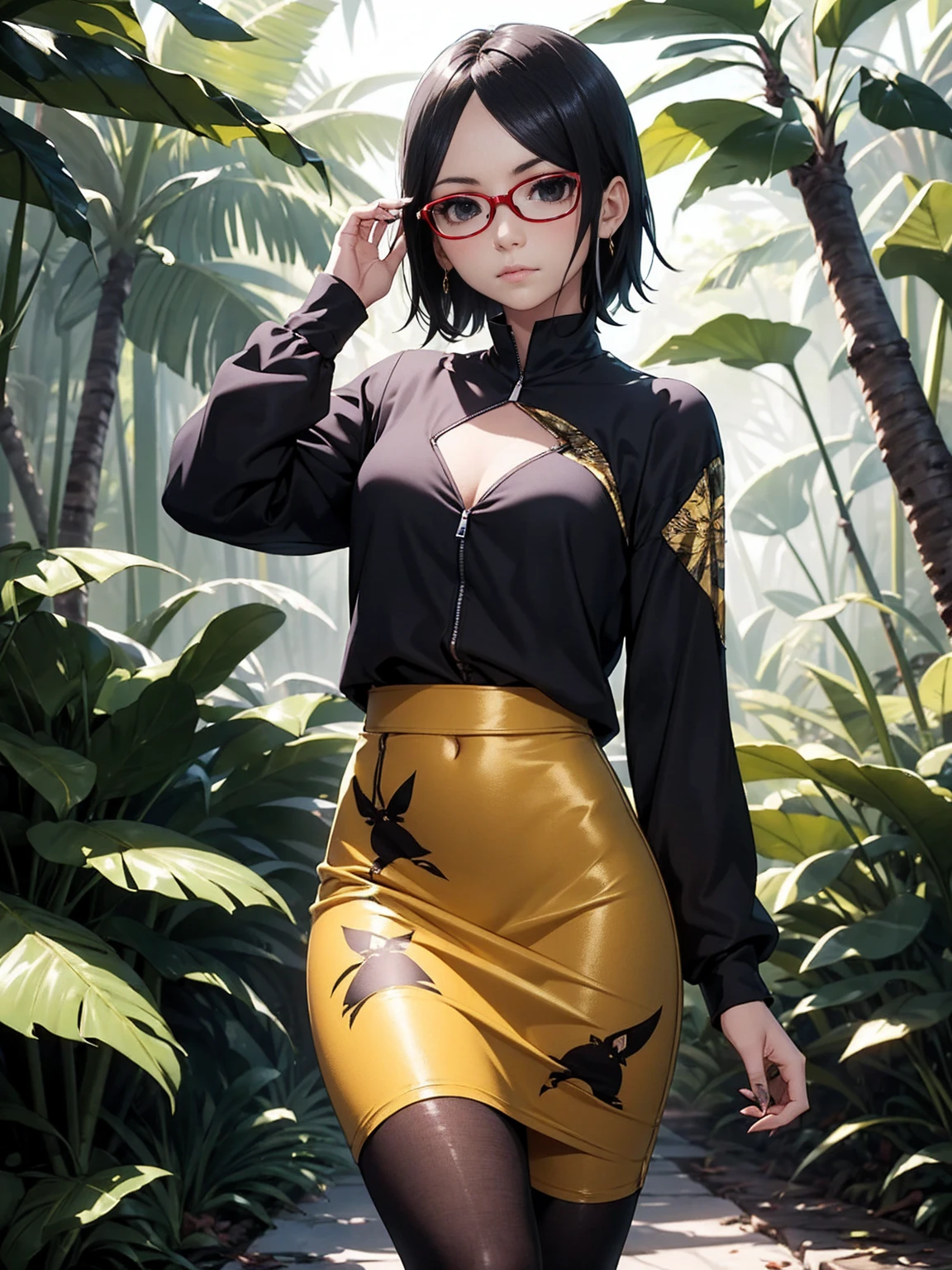 Sarada Uchiha with short hair, black eyes, goth clothes, wearing prescription glasses. She is wearing a black goth pencil skirt, ((Ounce Print Blouse)) and fine gold jewelry, she is paradin over in the Amazon rainforest. Small