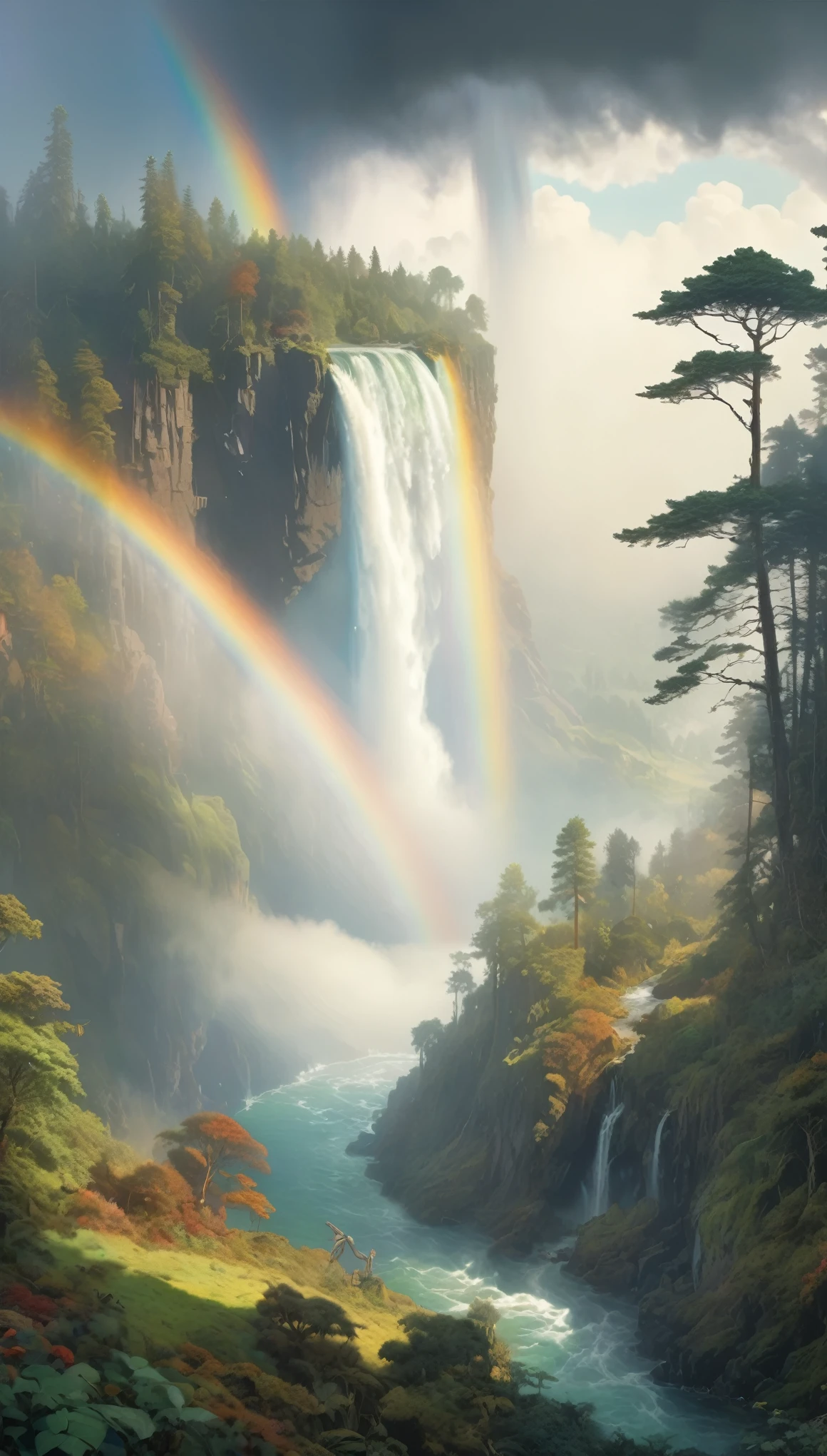 Mysterious Island, rainbow, waterfall, forest ,fog　,sunlight penetrating through cloud,　inspired by W. Heath Robinson, best quality, masterpiece, Ultra high detail, 8k