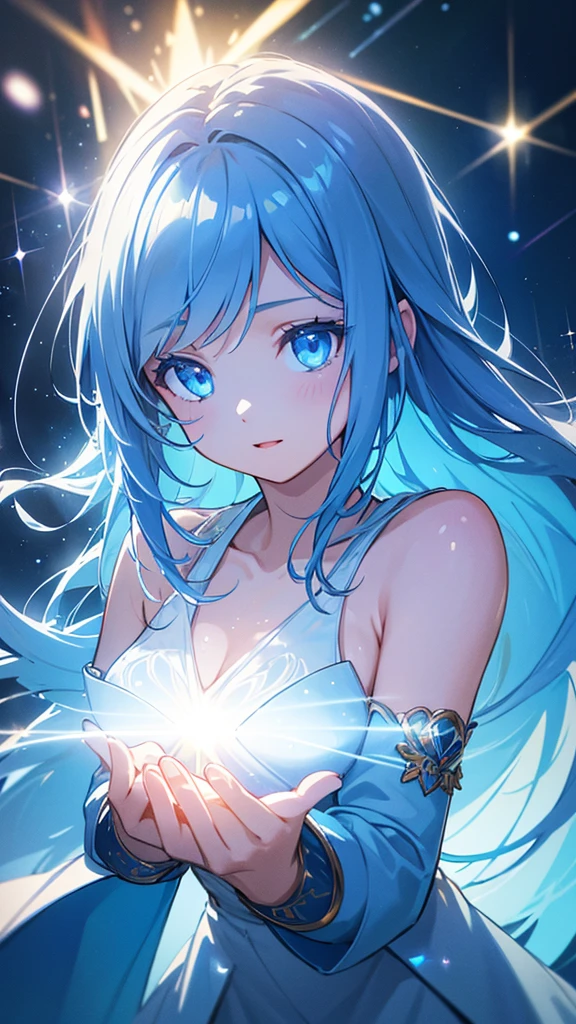 A girl in a blue light, detailed sky blue light, shining light, light spirit, girl of light, blue light particles, divine, fantastical atmosphere, bokeh, best quality, 8k, highres, masterpiece, ultra-detailed, realistic, photorealistic, HDR, studio lighting, extreme detail description, vivid colors