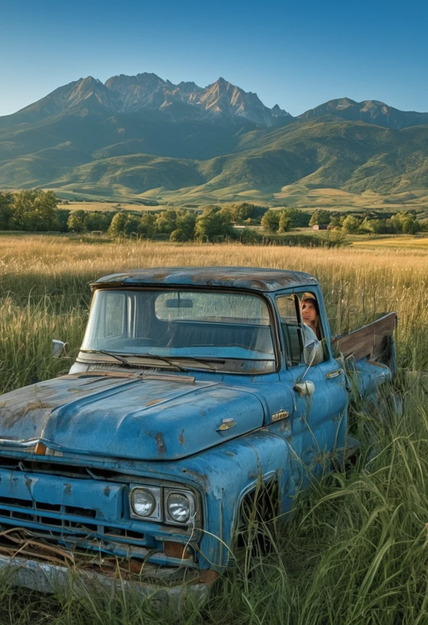 1grl, solo, Cinematic, realistic, UHD, A stunning close up photo of a young supermodel in washed out denim overall over white t shirt, perched elegantly atop an old, weathered blue matte pickup truck. The windshield and the lamp of the truck is dirty and dusty. She exudes confidence and grace as she poses barefoot amidst tall wild grass. The rustic wooden fence and a quaint farmhouse in the background hint at a serene countryside setting. A majestic mountain row looms in the distance, adding depth and scale to the scene. The overall atmosphere of the photo is natural and serene, capturing the essence of a perfect summer day