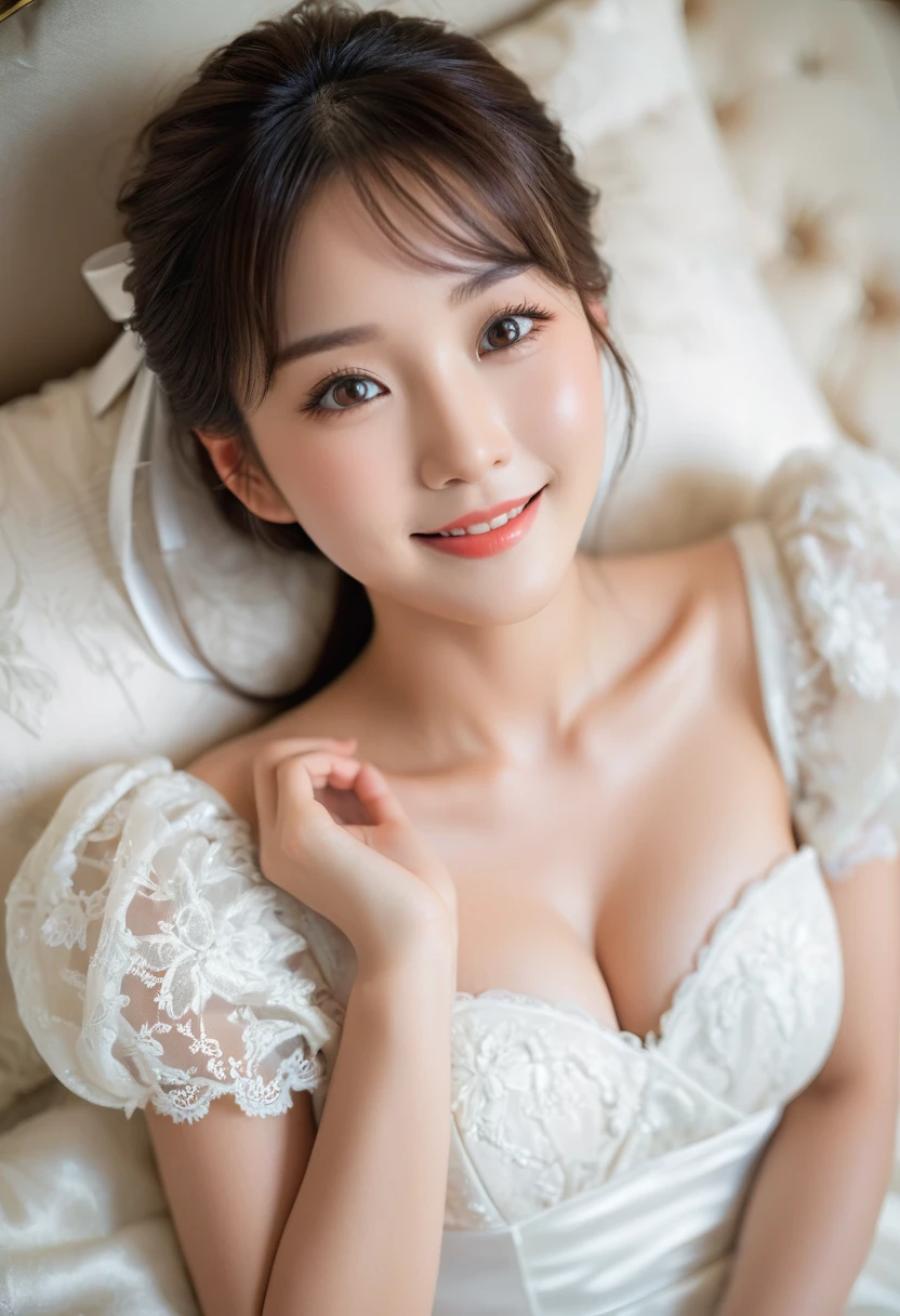 A close-up portrait of a young Japanese female idol, captured from above. The frame encompasses her from the top of her head to her midsection, with her face as the primary focus. The idol is lying down, striking a graceful, model-like pose.
She's wearing a white mini dress with puff sleeves and a sweetheart neckline. The lace trim and bow tie closure at the neckline are visible. Her hair is beautifully styled, with a white ribbon partially visible, perhaps tying back some of her hair while loose strands frame her face softly.
Her face dominates the upper portion of the image, showcasing her delicate features in detail. Her expression is a closed-mouth smile, warm and genuine, creating small dimples or creases at the corners of her mouth. Her eyes are bright and expressive, looking directly at the camera, conveying a mix of joy and gentleness.
The idol's body language is relaxed yet posed, reminiscent of a professional model. Her arms might be gracefully arranged above her head or one hand could be gently touching her face or hair, enhancing the ethereal and romantic aesthetic.
The lighting is soft and flattering, casting a gentle glow on her skin and the white fabric of her dress. It accentuates the subtle contours of her face, particularly highlighting her closed-mouth smile and the sparkle in her eyes.
The background suggests she's lying on a surface - perhaps a bed with light-colored bedding or a soft, neutral-toned backdrop that doesn't detract from her presence.
This composition creates an intimate and charming portrait of the idol, presenting her in a sweet, approachable manner that emphasizes her natural beauty and the ethereal, model-like quality she embodies. The focus on her gentle, closed-mouth smile gives the image a sense of quiet joy and contentment, likely to resonate strongly with fans who appreciate seeing their favorite idol in moments of subtle, genuine happiness.