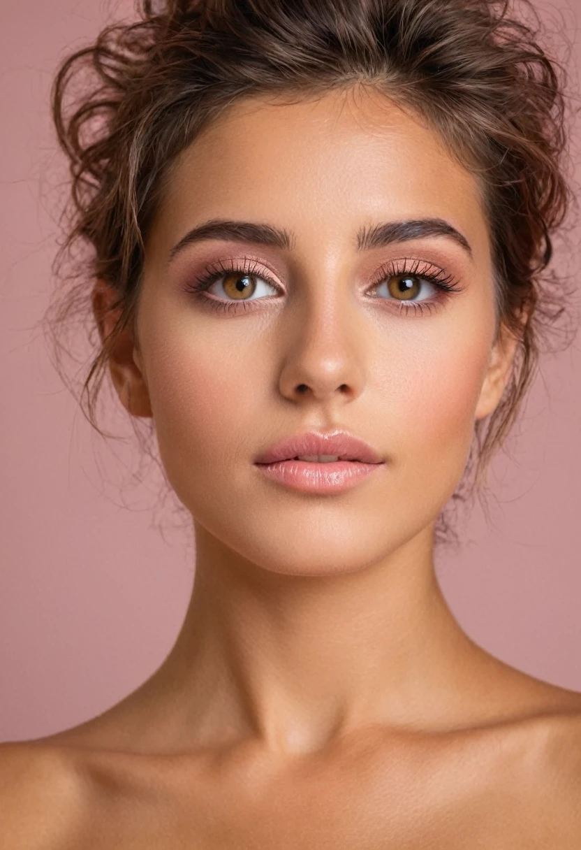 femme au visage expressif, seins nue, topless, petit tétons rose, capturant chaque détail avec un réalisme saisissant. Le personnage a une peau légèrement bronzée, des yeux perçants et des cheveux bien coiffés. La lumière douce et naturelle éclaire son visage, mettant en évidence les textures et les nuances de sa peau. Le fond est flou pour focaliser l'attention sur le visage du personnage.