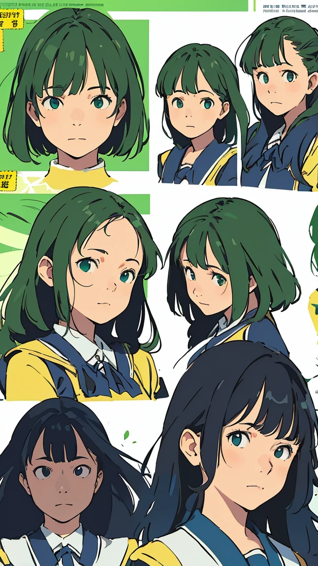 ((Character sheet, facial expression pattern)), green eyes, (green hair), ((wavy hair)), uniform, one girl, one person, very beautiful, best quality, great quality, curated, shape, very detailed, anime coloring, very detailed, official art, warm tones, sun flare, soft shadows, vibrant colors, very detailed, official art, ((hairstyle with bangs)),