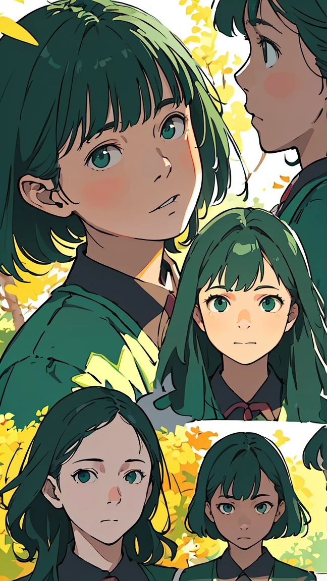 ((Character sheet, facial expression pattern)), green eyes, (green hair), ((wavy hair)), uniform, one girl, one person, very beautiful, best quality, great quality, curated, shape, very detailed, anime coloring, very detailed, official art, warm tones, sun flare, soft shadows, vibrant colors, very detailed, official art, ((hairstyle with bangs)),