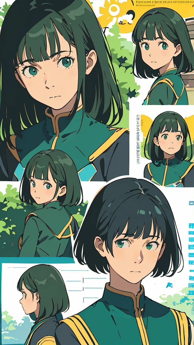 ((Character sheet, facial expression pattern)), green eyes, (green hair), ((wavy hair)), uniform, one girl, one person, very beautiful, best quality, great quality, curated, shape, very detailed, anime coloring, very detailed, official art, warm tones, sun flare, soft shadows, vibrant colors, very detailed, official art, ((hairstyle with bangs)),