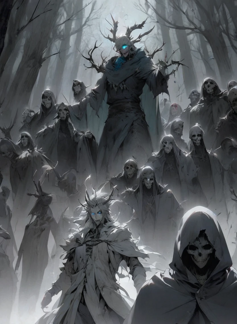 wendigo, warlock dnd's patron, undead king, blue eyes glowing, dark Woods, cold gray colors, Skeleton army in background