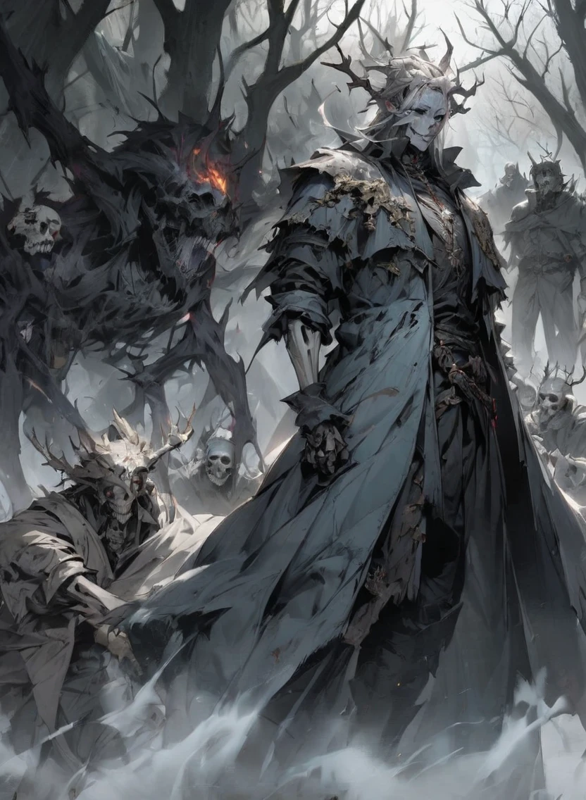 wendigo, warlock dnd's patron, undead king, blue eyes glowing, dark Woods, cold gray colors, Skeleton army in background