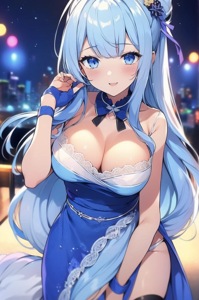 Silver long hair、Deep blue eyes、woman、美しいwoman、Large Breasts、Blue and white Chinese dress、A Chinese dress with a black translucent cloth in the cleavage、Outdoor、During sexual intercourse、orgasm、A cheongsam with hidden curves(100-60-78cm)、he is short、High school girls cosplaying