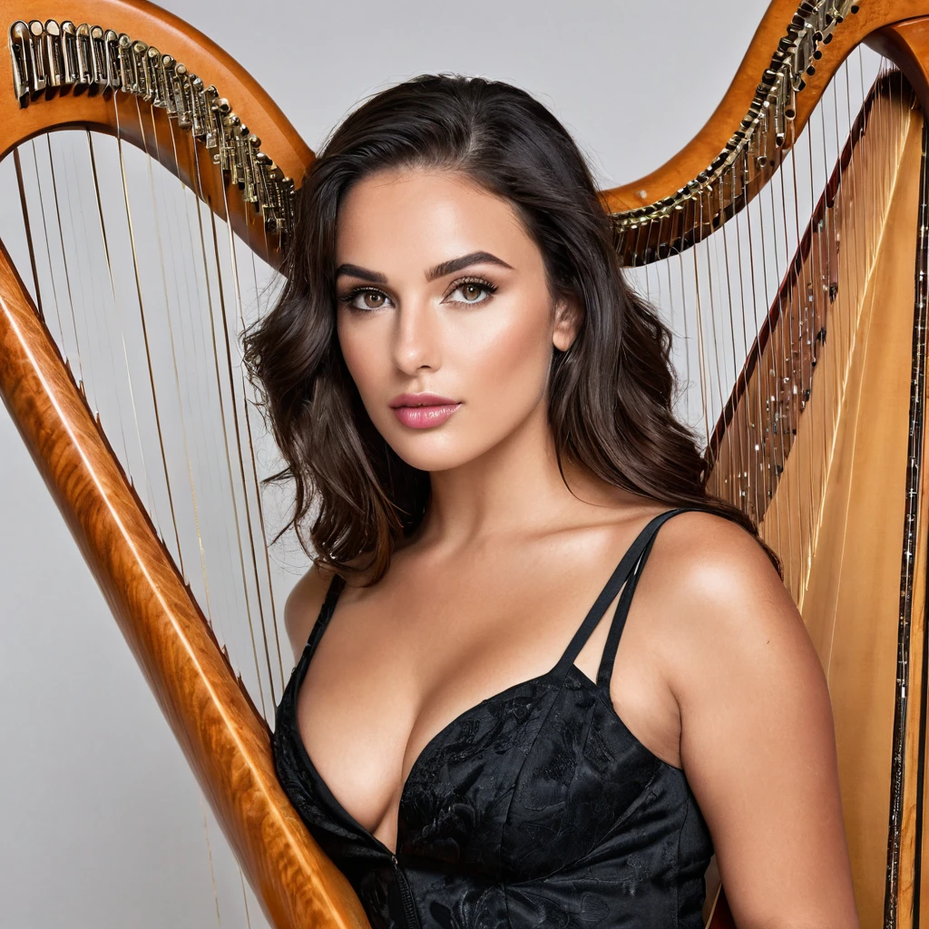 beautiful brazilian, (((round face shape with soft features, prominent cheekbones, delicate jaw, slightly rounded chin, medium forehead with natural, wavy hairline))), (((black hair color, long and straight extreme))), ((natural, full eyebrows)), (((dynamic pose, playing the harp))). (((Whole plan, capturing full motion against a pristine white infinite background))). highy detailed, age 25, ((large, expressive dark brown eyes)). (((Long nose at base, gently curved bridge, rounded nostrils in harmony with the face))). ((plump, well-defined lips, com volume natural, dark pink tone)). high resolution, work of art. Pele realista Fitzpatrick V, with a natural golden tan, some soft freckles on the cheeks and nose. ((curvy and athletic body, typical of Brazilian women)), ((Wearing a black couture cotton dress)). excellent quality, extremely detaild, sharp focus, ((shooting with Canon EOS R5, lente RF 85mm f/1.2L USM)), Brazilian style vibrant color vision. Proportionate Body, fotorrealism, fot (film grain) (((Clean and uniform lighting))) Em primeiro plano.