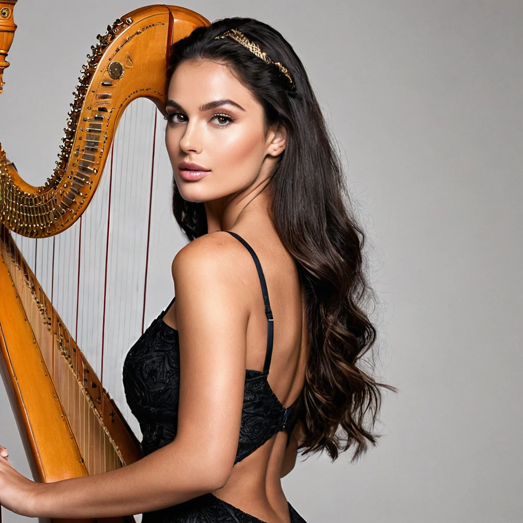 beautiful brazilian, (((round face shape with soft features, prominent cheekbones, delicate jaw, slightly rounded chin, medium forehead with natural, wavy hairline))), (((black hair color, long and straight extreme))), ((natural, full eyebrows)), (((dynamic pose, playing the harp))). (((Whole plan, capturing full motion against a pristine white infinite background))). highy detailed, age 25, ((large, expressive dark brown eyes)). (((Long nose at base, gently curved bridge, rounded nostrils in harmony with the face))). ((plump, well-defined lips, com volume natural, dark pink tone)). high resolution, work of art. Pele realista Fitzpatrick V, with a natural golden tan, some soft freckles on the cheeks and nose. ((curvy and athletic body, typical of Brazilian women)), ((Wearing a black couture cotton dress)). excellent quality, extremely detaild, sharp focus, ((shooting with Canon EOS R5, lente RF 85mm f/1.2L USM)), Brazilian style vibrant color vision. Proportionate Body, fotorrealism, fot (film grain) (((Clean and uniform lighting))) Em primeiro plano.