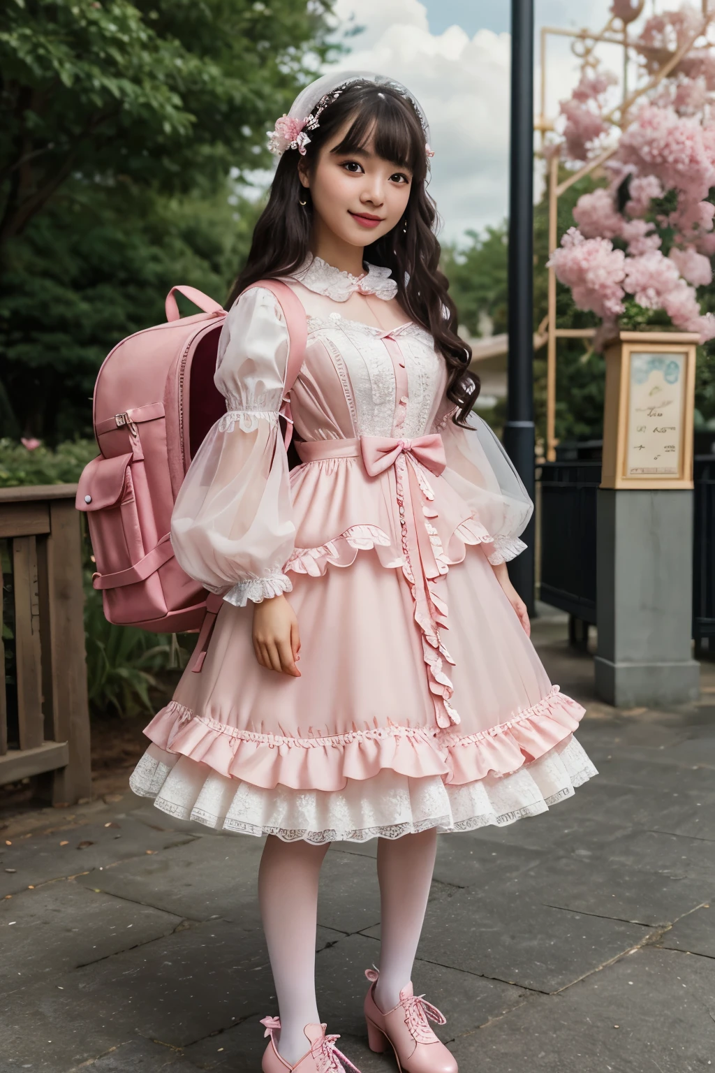 best quality, masterpiece, lifelike, 1 girl, alone, eternal, black hair, long curly hair, blunt bangs, Smile, pink skirt, pink lolita dress, layered skirt, Lolita style long skirt,Layered dress lace-trimmed skirt, decorate, lace, long sleeve, puff sleeves, wide sleeves, Transparent sleeves, hair accessories, In the flower garden, flower, Detailed background, delicate face,pink blush,white,knee socks, Pink shoes,tutu,Lots of lace,((masterpiece))、(top quality)、8K、high detail、Super detailed、 night、21 year old woman,pink lolita dress((dreamy atmosphere:1.1))、Seductive and whimsical style、masterpiece、born、Scenes resembling fairy tale illustrations、Intricate details showcase the ruffles and intricate design of the Lolita dress、Beautifully、magic、capricious、 Beautifully、dream aesthetics、「𝓡𝓸𝓶𝓪𝓷𝓽𝓲𝓬、ethereal、charming、fickle、magic」、Realism、Visual effects、wearing red backpack, rugsack、(backpack:1.2)、high resolution、ultra high definition、megapixel、(8K resolution:1.10)、8K、8K less、8K resolution、high detail、intricate details、A look of surprise and awe on her face、 (high quality:1.2、masterpiece:1.2、:1.21)、(21 year old female:1.21)、(smile excitedly)、(Surrounded by the dreamy atmosphere of an amusement park)、pink lolita dress、Her eyes were full of surprise and joy、Shooting at many geeks、、High heel、slime、A slender one、standing at outdoor, full body