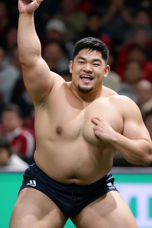 ((highest quality)), ((masterpiece)), (detailed), ((Perfect Face)), 4k, Shaved head, Young Japanese, Muscular, Fat body, Very big man, smile, ((showing off crotch)) A large Japanese man shirtless、whole body、Rugby player、Thick legs、Thick arm muscles、Intimidating、whole body、wearing a very tight and very short black-shorts, (shirtless)、((At the rugby field)), Legs open, haka dance, 