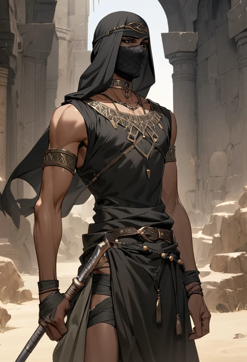Male arab warrior, medivial, black balaclava, black bandage, black clothes, thin waist, skinny body, black eyeliner, metal choker, light tanned skin