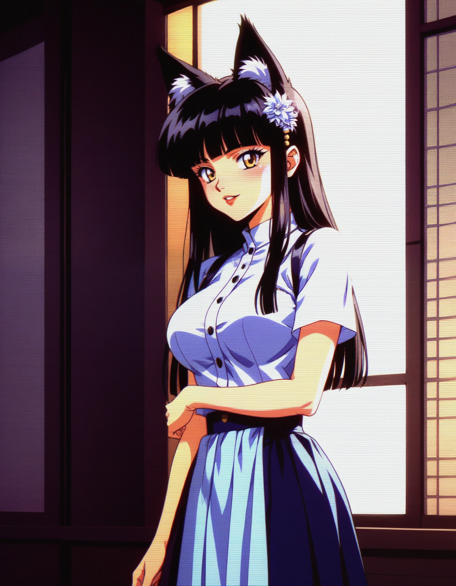 score_9, score_8_up, score_7_up, (2d), source_anime, very aesthetic, anime screencap, (low saturation)
BREAK,  
(adult), 1girl, (Large breasts), cute, eyelashes, firm breasts,yellow eyes, 
sidelocks, blunt bangs, black hair, long hair, hime cut, hair ornament, tall, human foxgirl, fox tail, fox ears, retro anime, 1990, scanlines