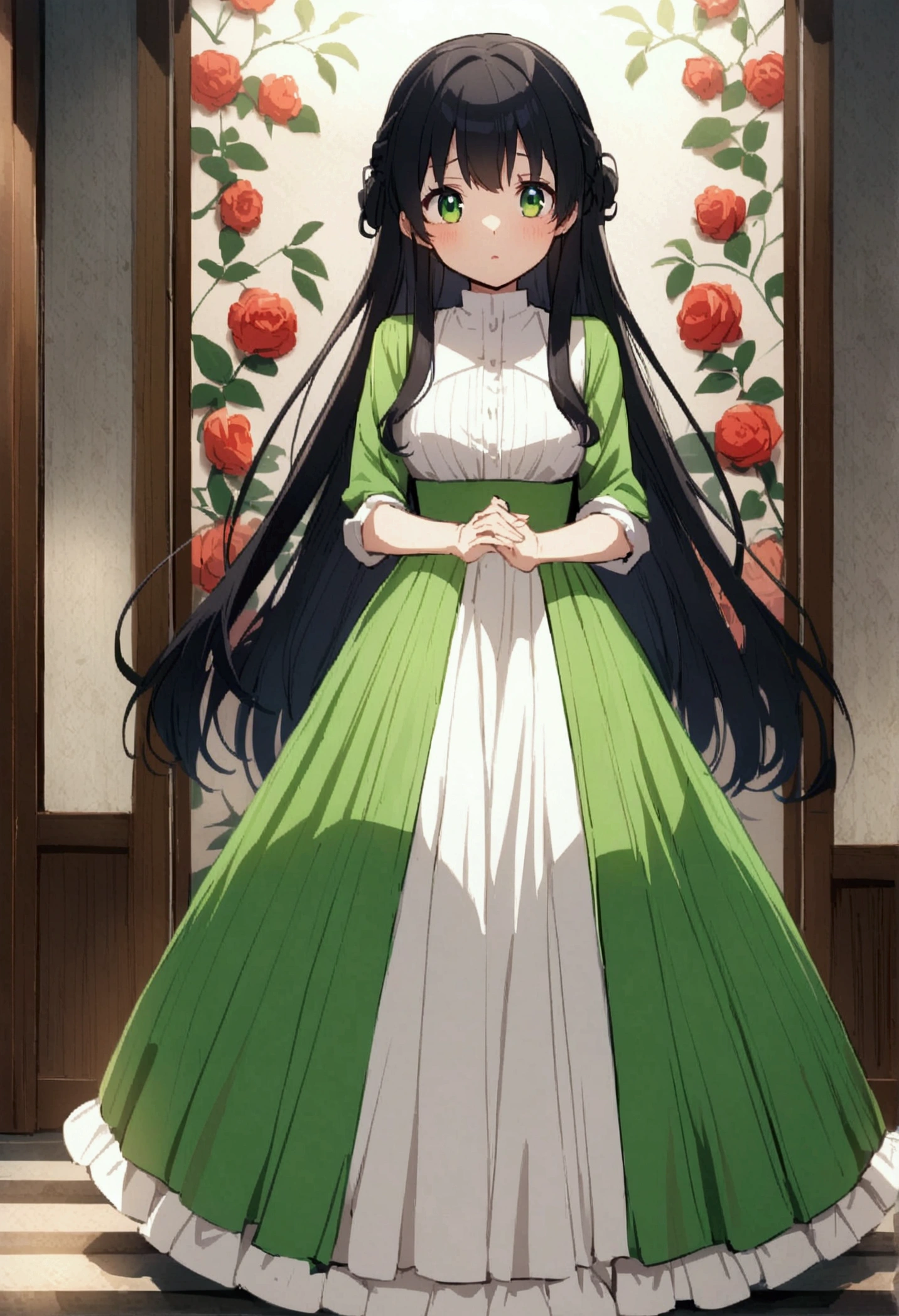 Anime girl, Long black hair, green eyes,aesthetic body, beautiful long skirt