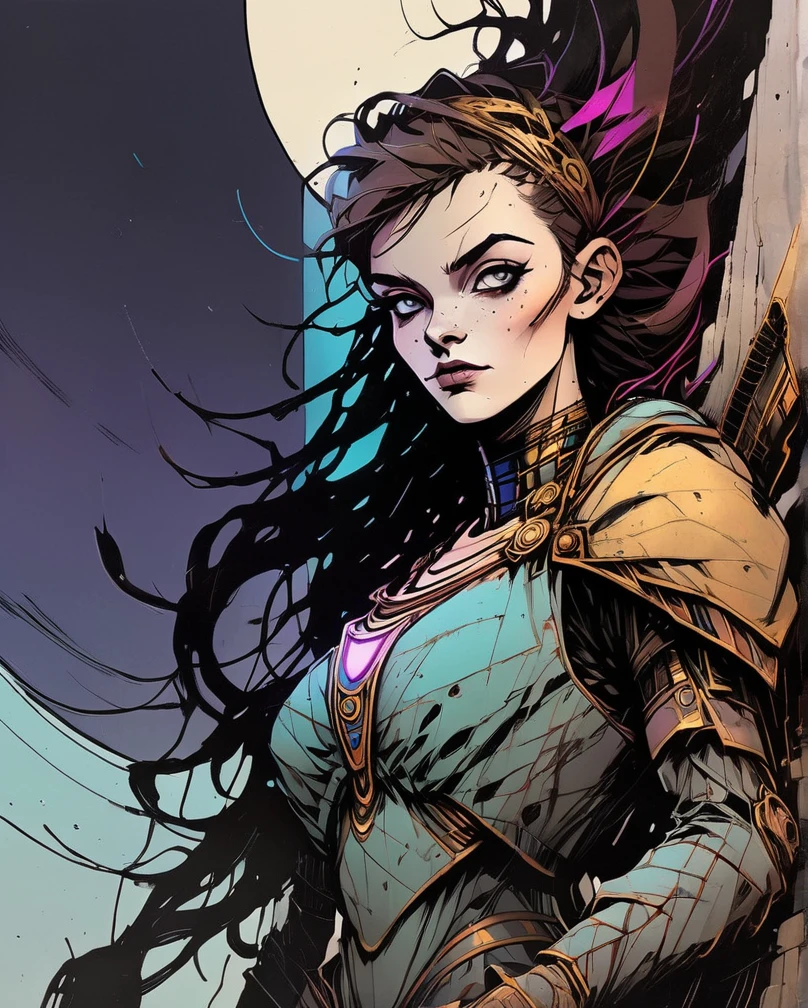 {Surreal worlds with realistic subjects}, {digital illustration with inked contouring}, defined inked outlines, delicate texturing, deep block coloring with color blends, vintage illustration inspired, dark-contrast lighting, semi-flat rendering, masterpiece, ultra-high quality, depth, drama.}
{Female Valkyrie. Organic and mechanical looking armor. Full body low angle view. Frozen alien landscape behind her.}
{Elaborate retrofuturistic character design with horror undertones, characterful and expressive faces, semi-realistic and lean anatomy},
{Intense, dark, and vivid colors, dark color balance, dark and intense lighting, soft diffused highlights, and opaque black shadows, tenebrosity, triadic color scheme, unique color distortions, maximalism.}
{Science fiction art, eldritch horror art, eerie surrealist art, dark fantasy art, gothic art, heavy metal art, angst, gloom, misty, occultic.}