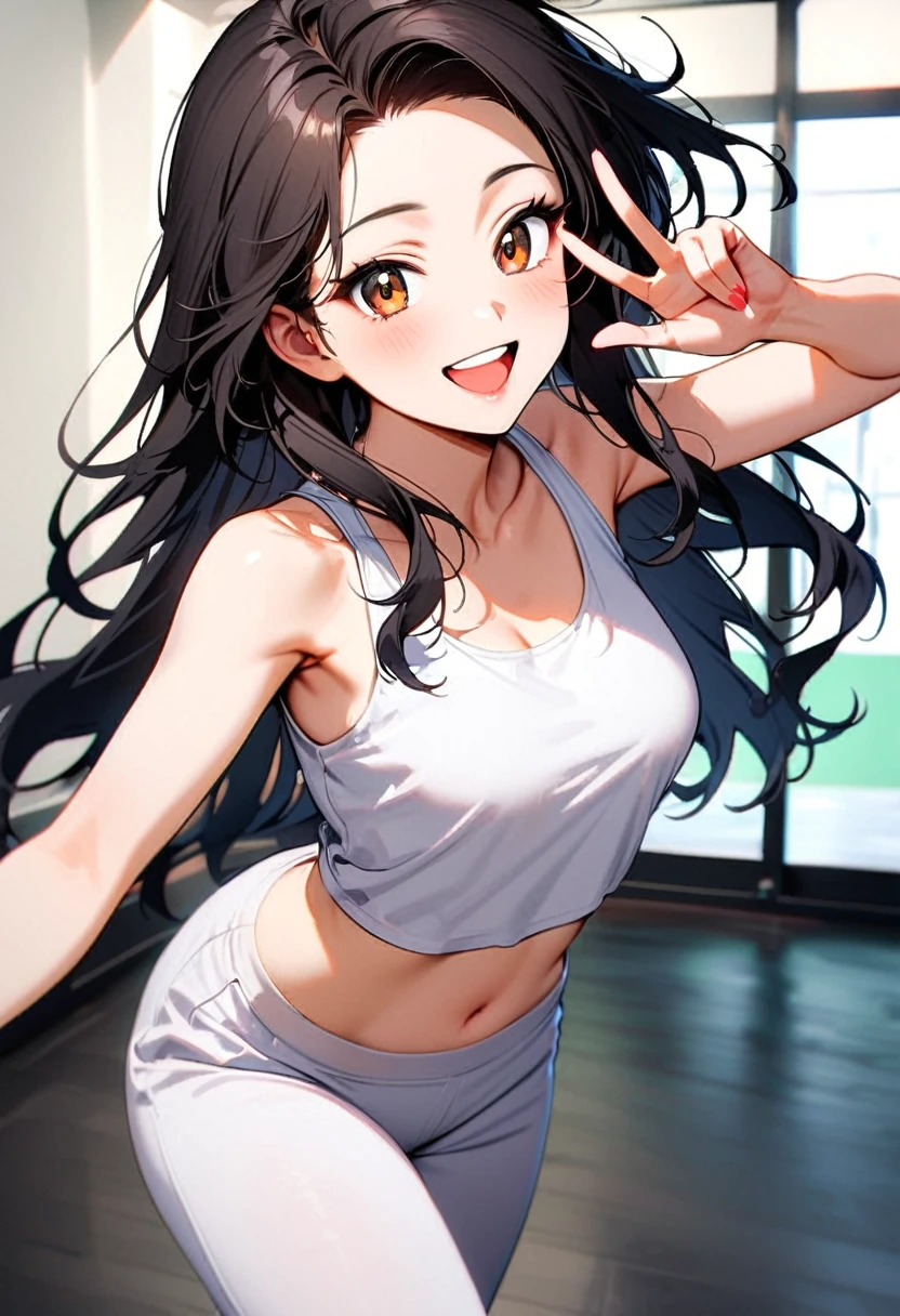 A young woman, 18-years-old, solo, Korean, (long wavy black hair, no bangs:1.1), brown eyes, white tank top, midriff, white sweatpants, playful smile, cheerful, mature face, dance studio, holding up a v-sign
