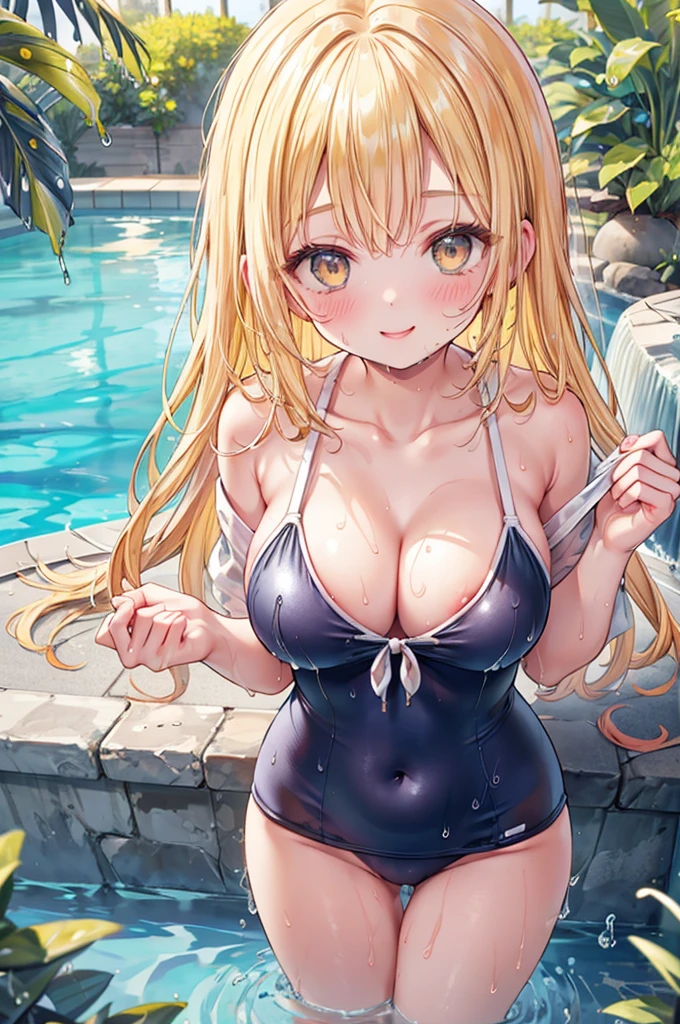 masterpiece, best quality, nsfw,
 1girl, (dark blue school swimsuit, bare shoulders), from above,
 big breasts, hanging breasts, cleavage,
 bring breasts together, puddle in the cleavage,
 yellow hair, smile,
 (wet body:1.5), school pool,