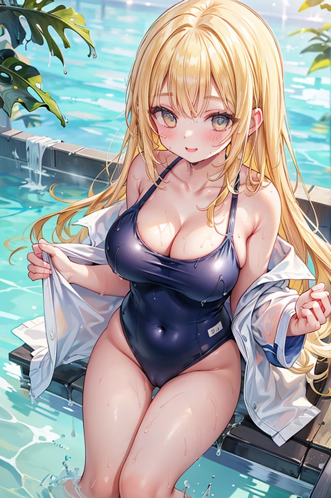 masterpiece, best quality, nsfw,
 1girl, (dark blue school swimsuit, bare shoulders), from above,
 big breasts, hanging breasts, cleavage,
 bring breasts together, puddle in the cleavage,
 yellow hair, smile,
 (wet body:1.5), school pool,